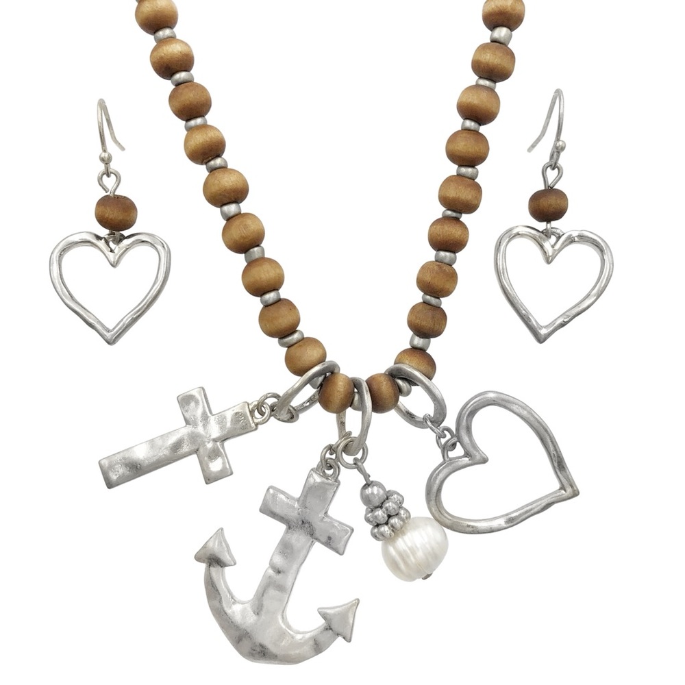 Long Wood Anchor Cross Heart Necklace Earrings Set